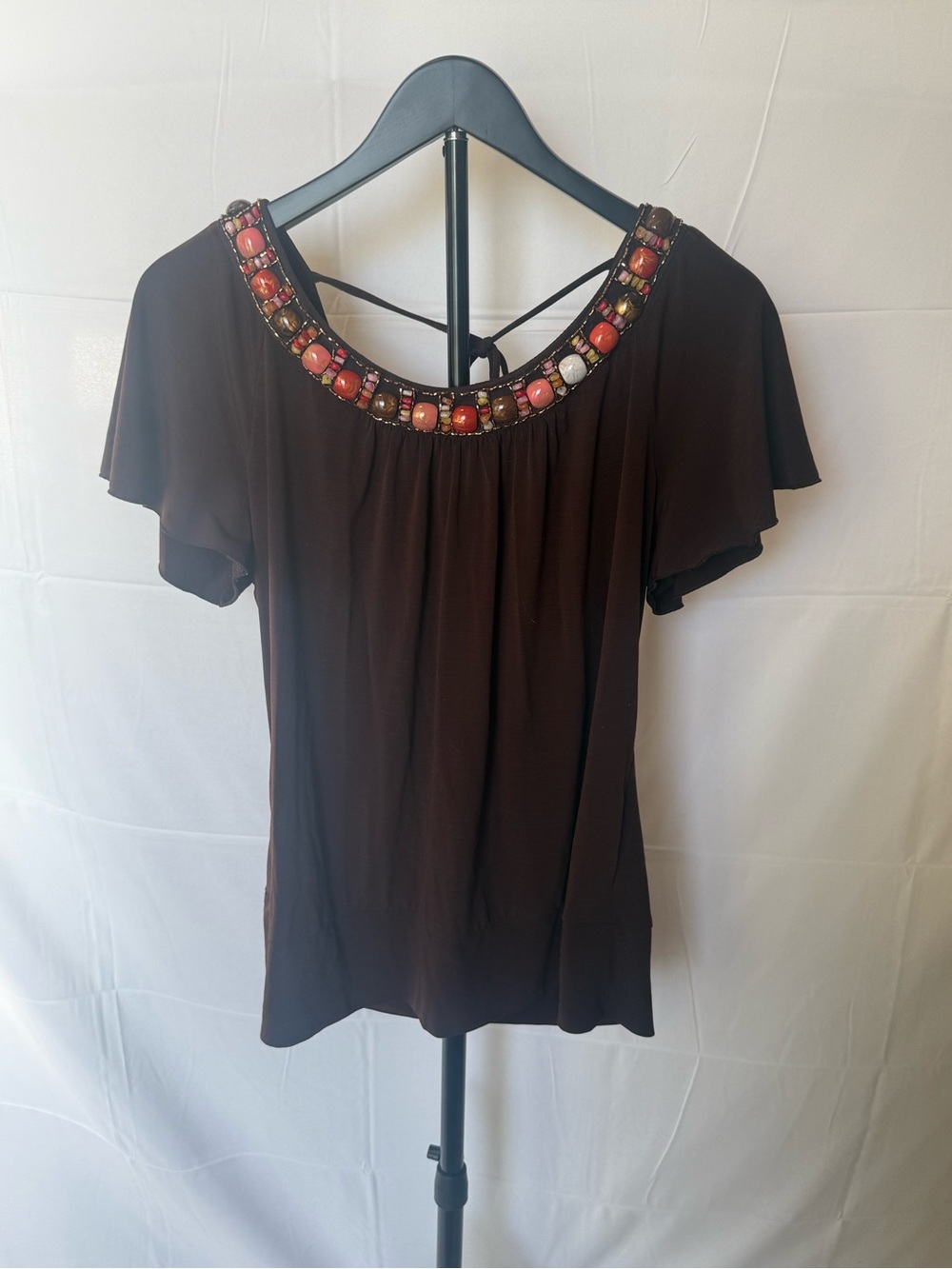 AGB Brown Short-Sleeve Top with Beaded Scoop Neckline